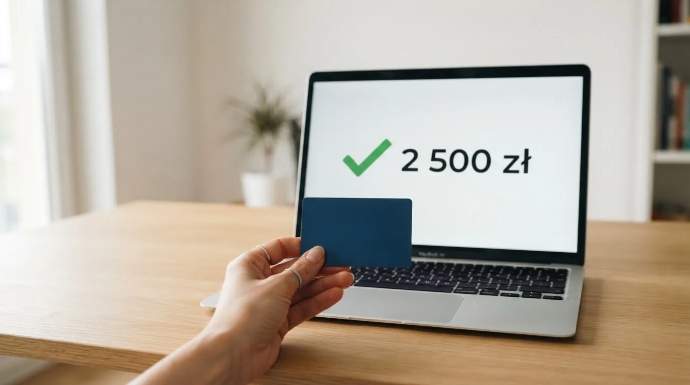 Dłoń trzyma kartę bankową przy laptopie, na ekranie widnieje prosty komunikat z jedną kwotą w złotych i zielonym haczykiem